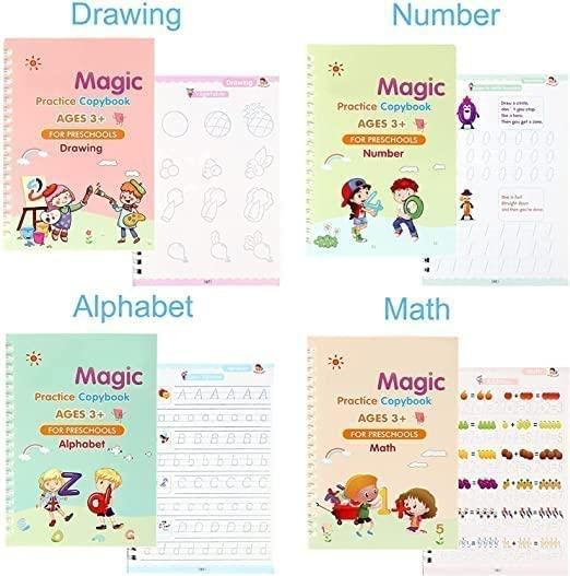 Sank Magic Practice Copybook Set ✍️ (4 Books + 1 Pen + 1 Grip + 10 Refills) – Reusable Writing Magic! 🌟📖